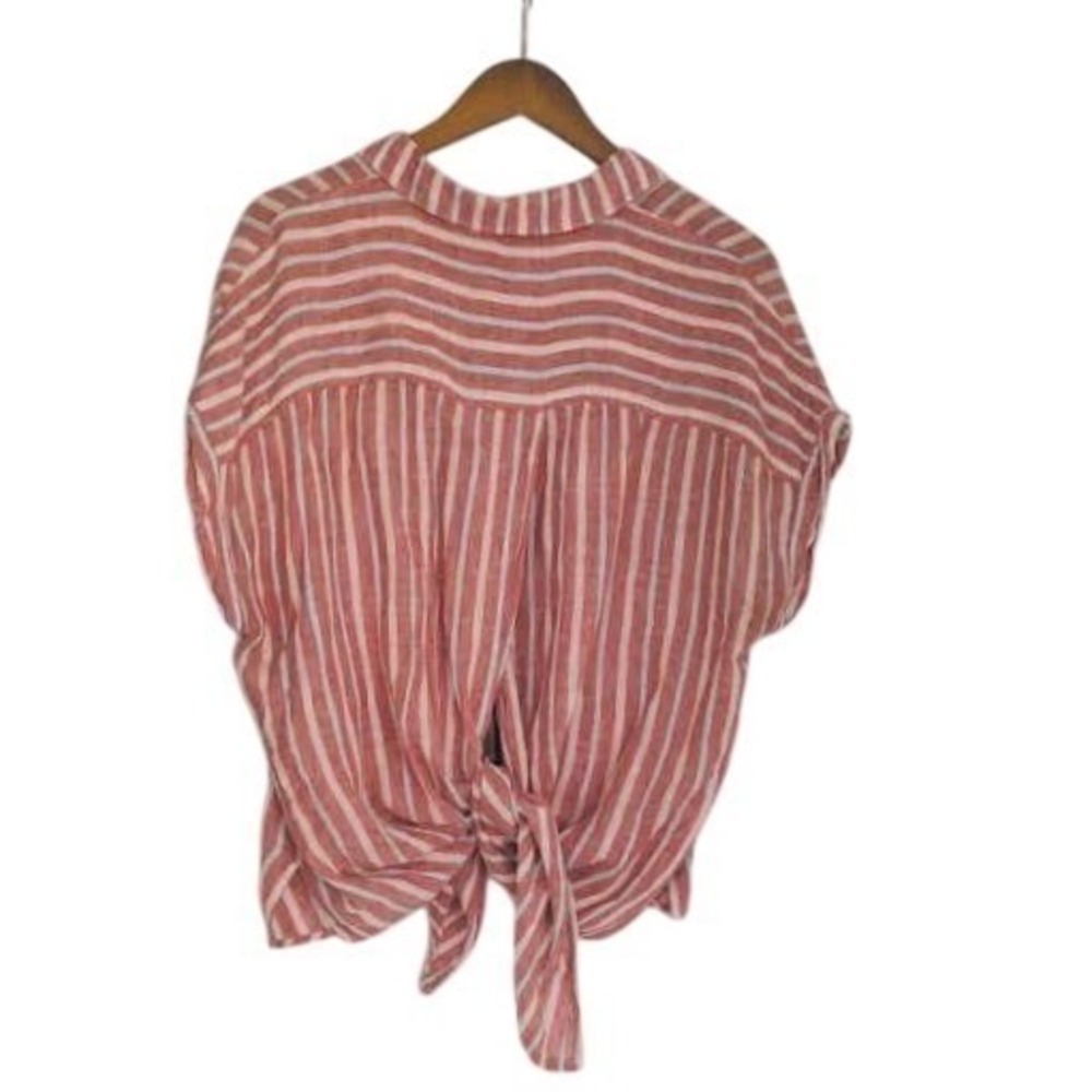 LUCKY BRAND Striped Button Up Tie Frnt Shirt Red Wht Blue Linen Blend XL Coastal